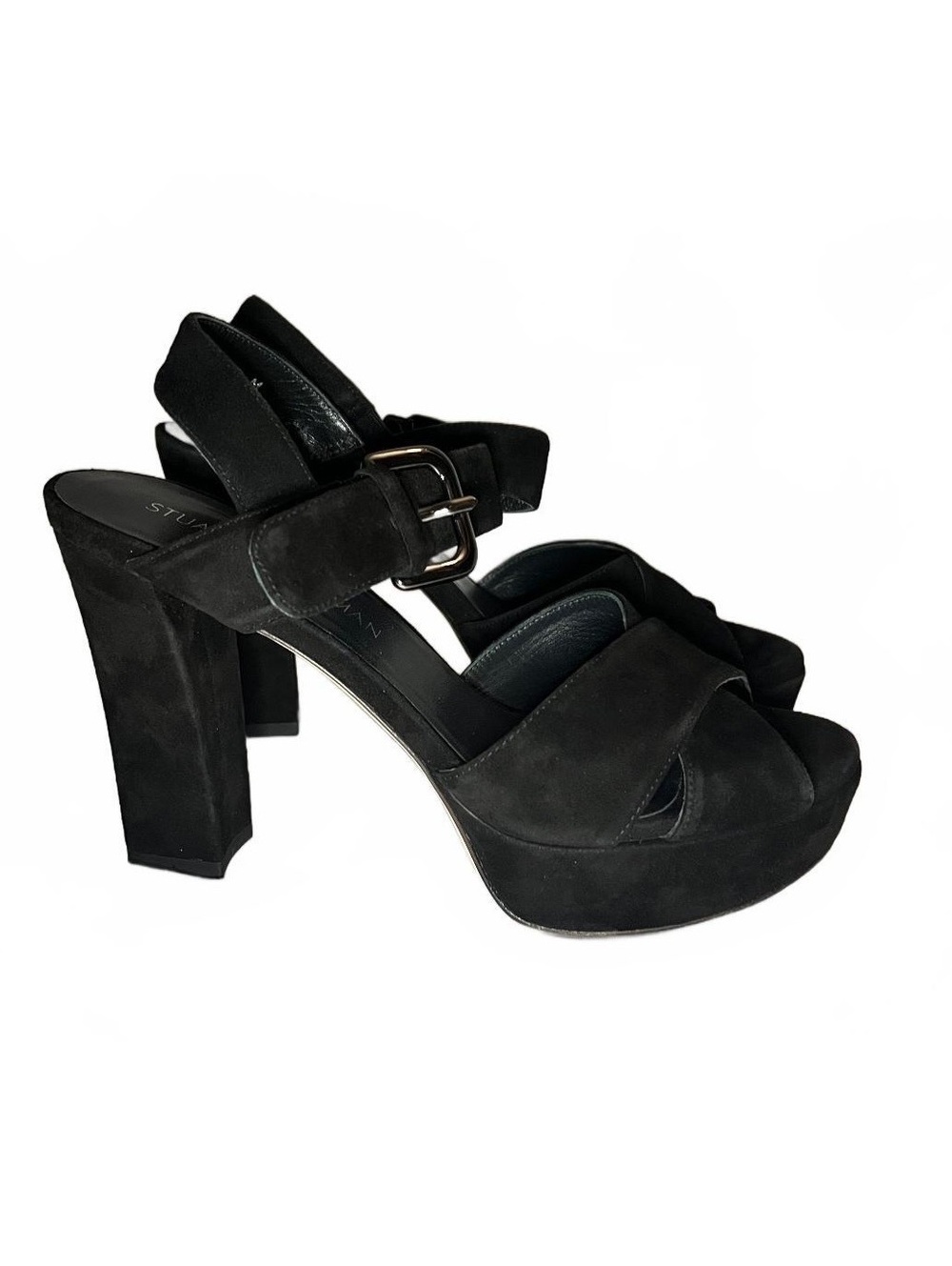 Stuart Weitzman Black Suede Platform Chunky Heel Sandals Size 7 - Picture 3 of 6